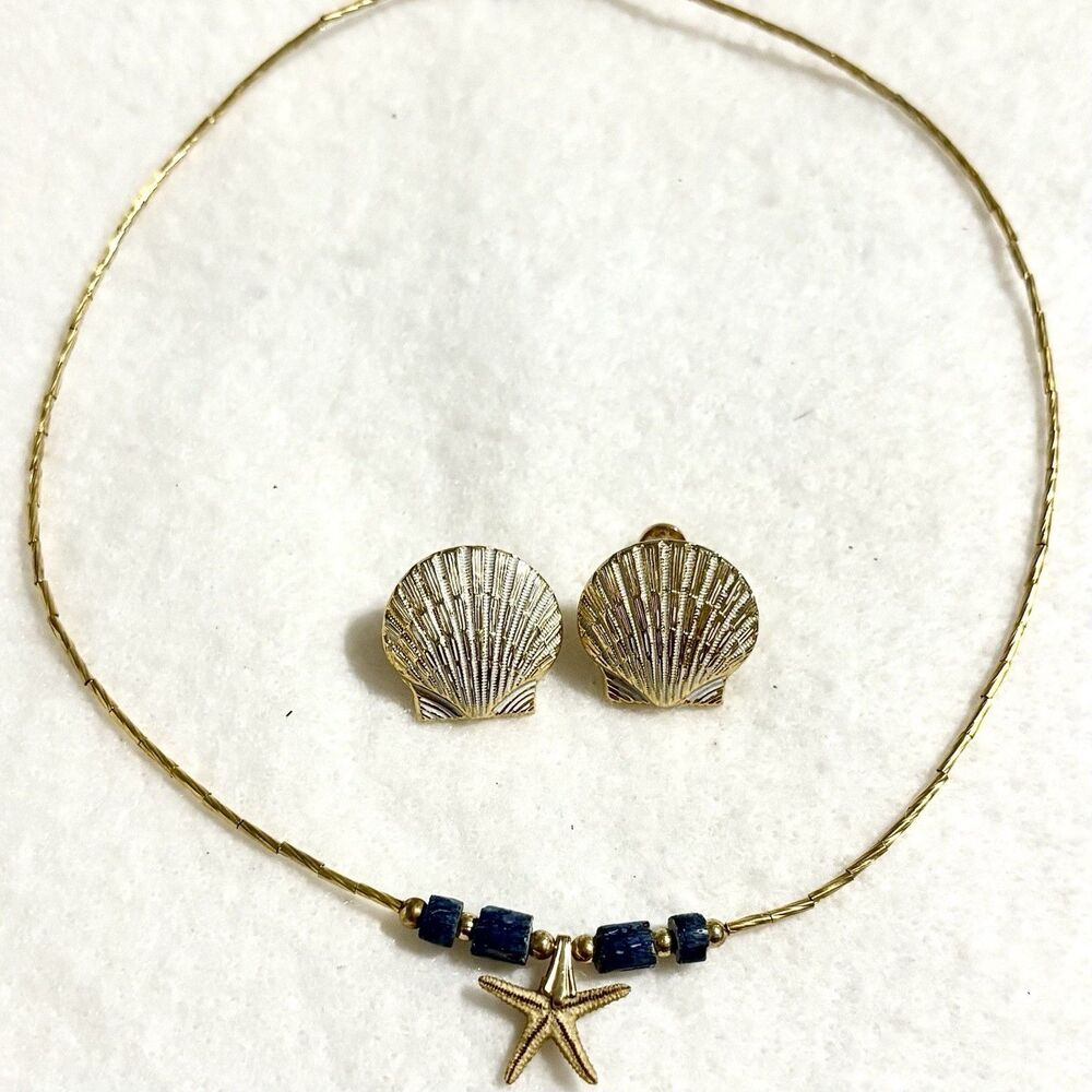 Vintage Coastal Starfish Necklace Shell Screw Back Earrings Gold Tone Beach Set